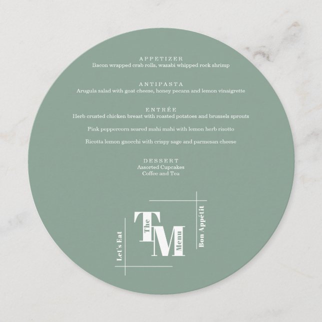 Simple Sage Green Modern Chic Wedding Thank You Menu (Front)