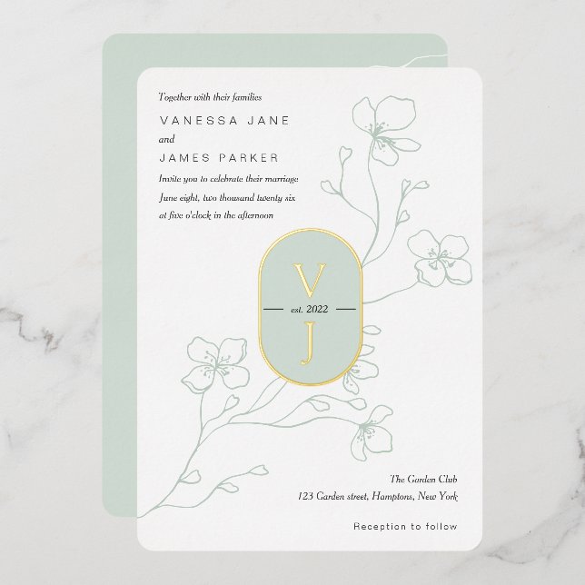 Simple sage green modern garden wedding gold foil invitation (Front/Back)