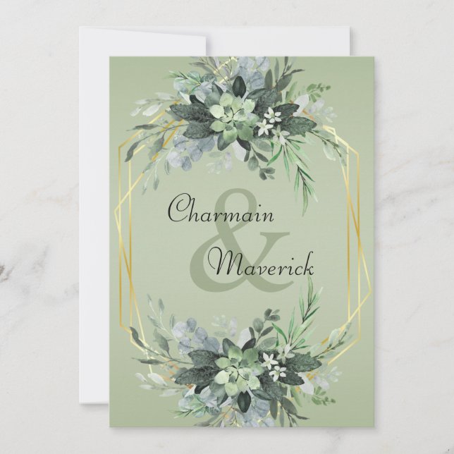 Simple Sage Green Modern Greenery Boarder Wedding Invitation (Front)