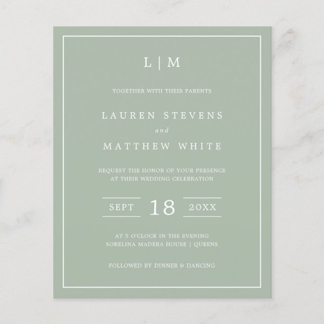 Simple Sage Green Monogram Budget Wedding Invite (Front)