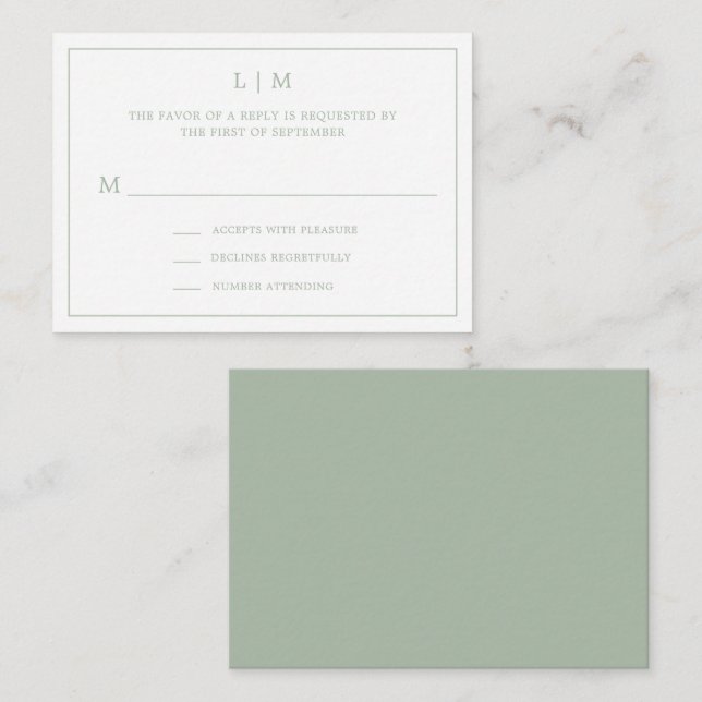 Simple Sage Green Monogram Budget Wedding RSVP Note Card (Front/Back)