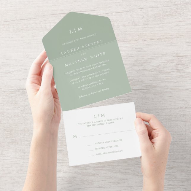 Simple Sage Green Monogram Elegant Wedding All In One Invitation (Tearaway)