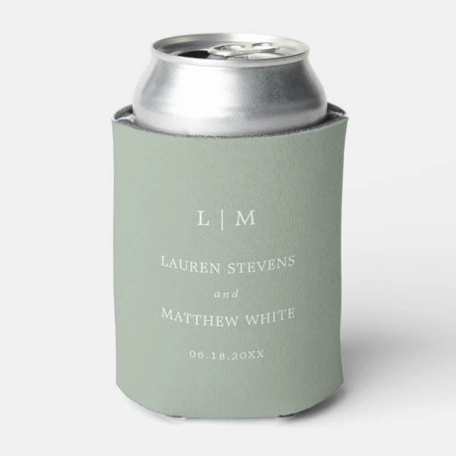 Simple Sage Green Monogram Elegant Wedding Can Cooler (Can Front)