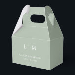 Simple Sage Green Monogram Elegant Wedding Favor Boxes<br><div class="desc">Simple yet elegant Wedding Favor Box featuring a modern minimalist design with your two letter monogram along with your names and date. All design elements are in white over a sage green background and may be changed in the design editing tool. These classic Wedding Favor Boxes go well with any...</div>