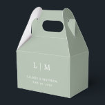 Simple Sage Green Monogram Elegant Wedding Favor Boxes<br><div class="desc">Simple yet elegant Wedding Favor Box featuring a modern minimalist design with your two letter monogram along with your names and date. All design elements are in white over a sage green background and may be changed in the design editing tool. These classic Wedding Favor Boxes go well with any...</div>