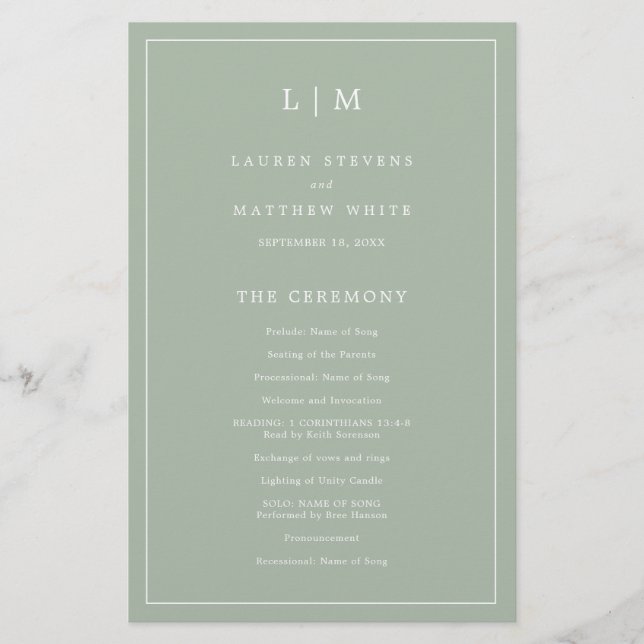 Simple Sage Green Monogram Elegant Wedding Program Flyer (Front)