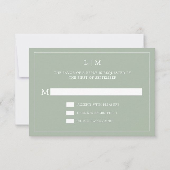 Simple Sage Green Monogram Elegant Wedding RSVP Card (Front)