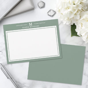 Simple Sage Green Monogram Stationery Note Card
