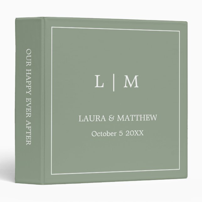 Simple Sage Green Monogram Wedding Photo Album 3 Ring Binder (Front/Spine)
