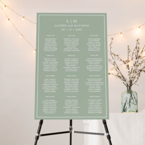 Simple Sage Green Monogram Wedding Seating Chart Foam Board