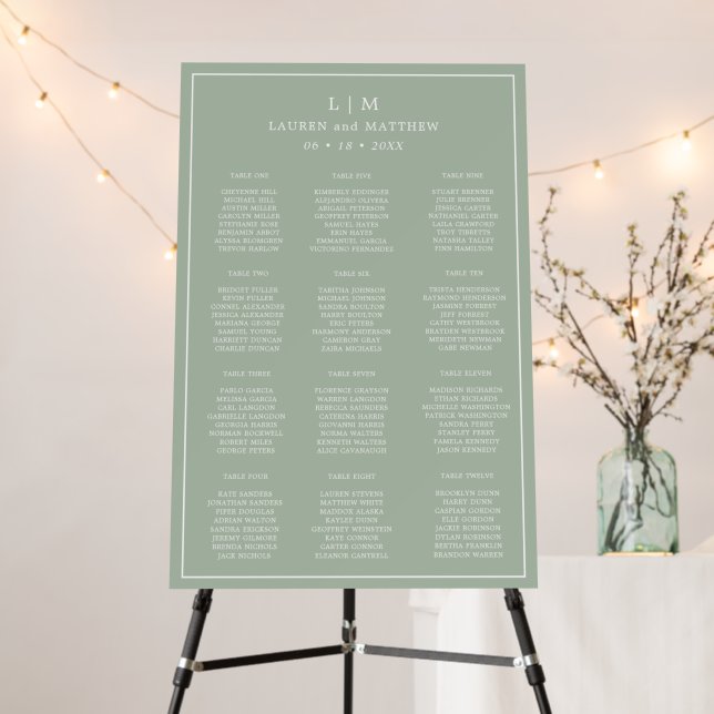 Simple Sage Green Monogram Wedding Seating Chart Foam Board (In Situ (Stand))
