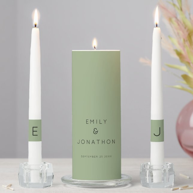 Simple Sage Green Names Date Initials Wedding Unity Candle Set (In Situ)