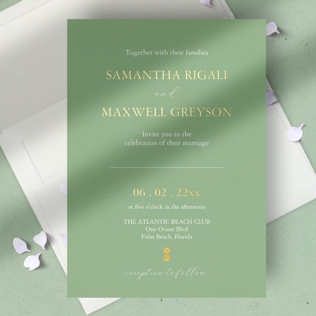 Simple Sage Green Nautical Beach Wedding Foil Invitation (wedding invitation sage green and gold foil minimalistic design. )
