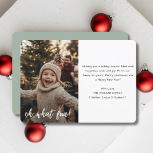 Simple Sage Green Oh What Fun Christmas Baby Photo Holiday Card