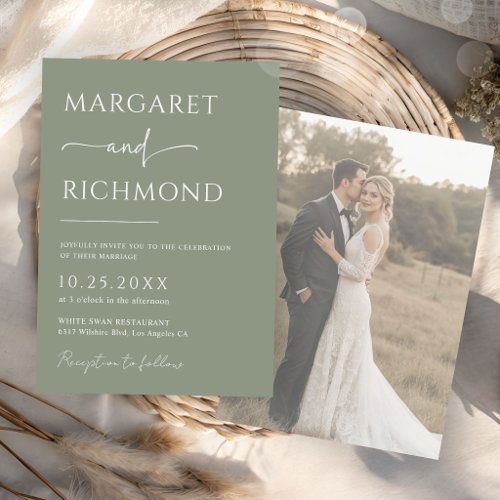 Simple Sage Green Overlay Photo Minimalist Wedding Invitation
