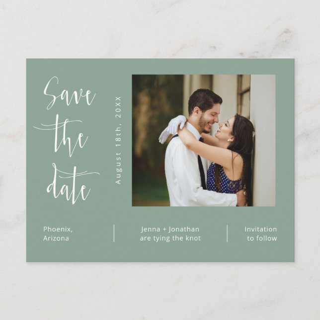 Simple Sage Green Photo QR Code Save The Date Postcard (Front)