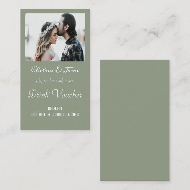 Simple Sage Green Photo Wedding Drink Ticket Cards (Front/Back)