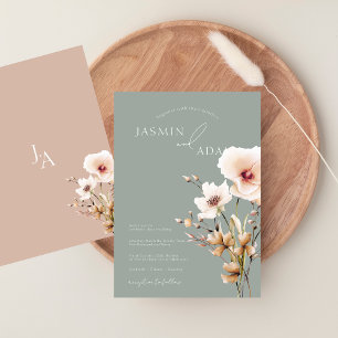 Simple Sage Green Pink Wildflowers Floral Wedding Invitation