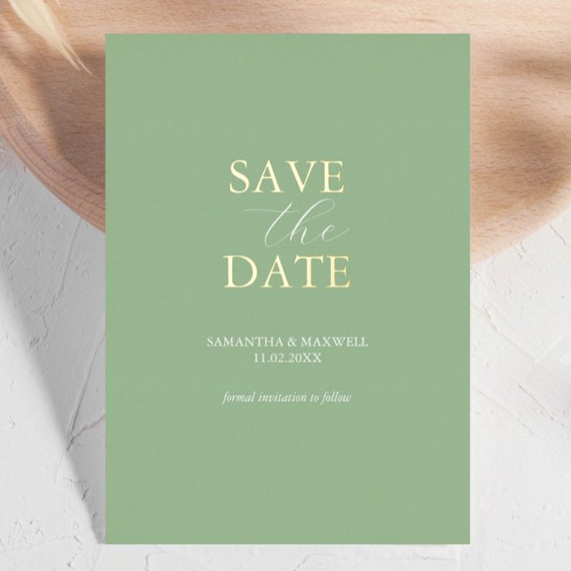 Simple Sage Green Save The Date Wedding Foil Invit Invitation (contemporary save the date cards green minimalist )