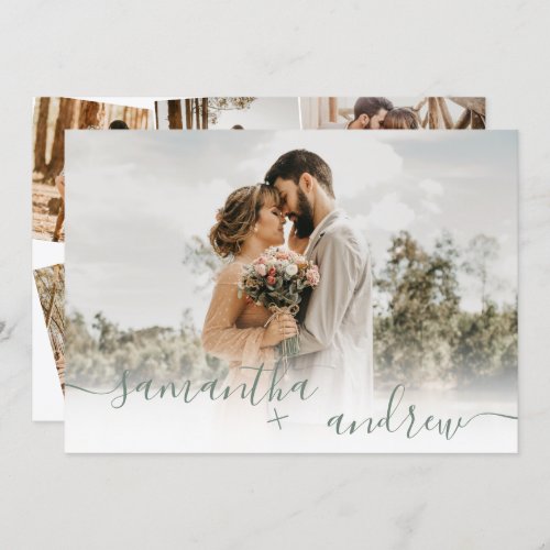 Simple sage green script 5 photos wedding invitation