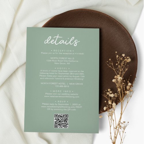 Simple Sage Green Script QR Code Wedding Detail Enclosure Card