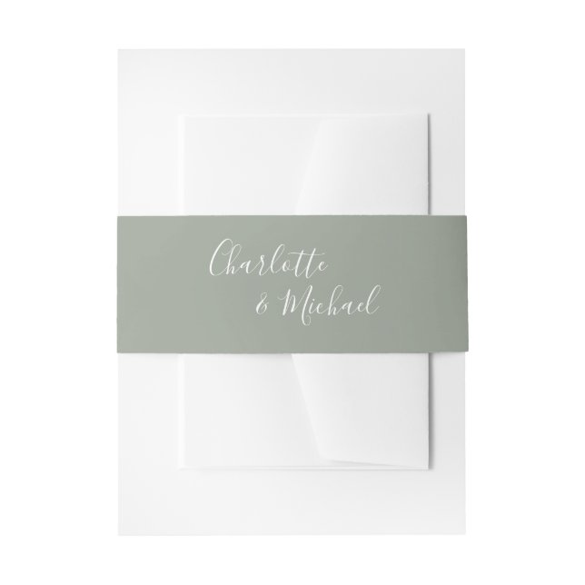 Simple Sage Green Signature Script Invitation Belly Band (Front Example)