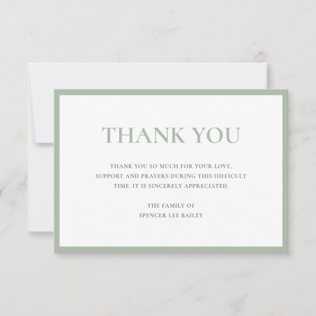 Simple Sage Green Traditional Sympathy Funeral Thank You Card (Front)