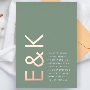 Simple Sage Green Ultra Monogram Wedding ROSE GOLD Foil Invitation