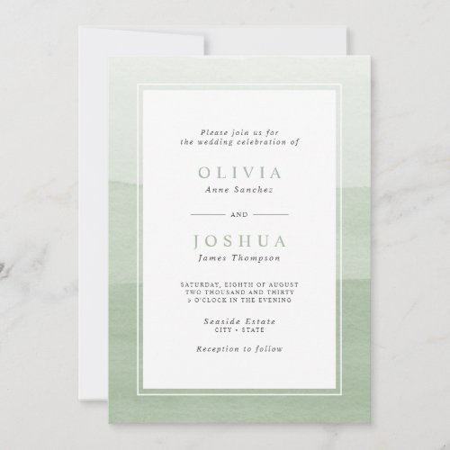 Simple Sage Green Watercolor Ombre Wedding Invitation