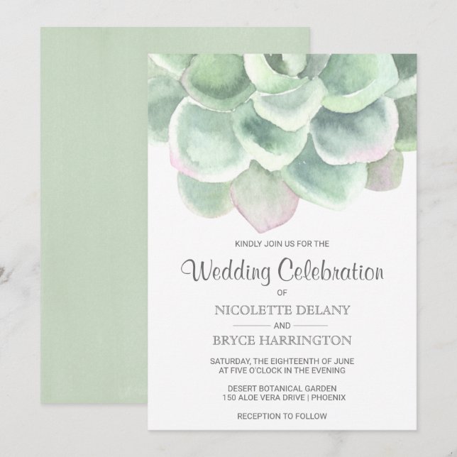 Simple Sage Green Watercolor Succulent Wedding Invitation (Front/Back)