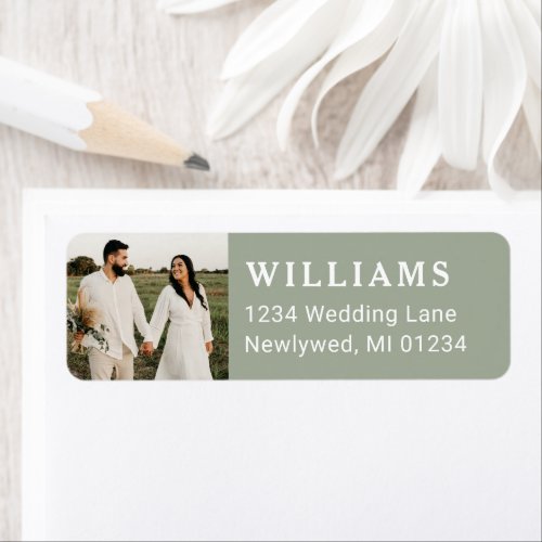 Simple Sage Green Wedding Photo Return Address Label