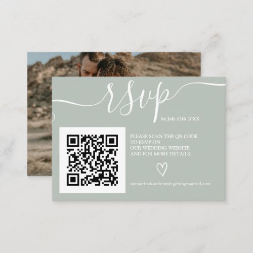 Simple sage green wedding rsvp Qr code photo Enclosure Card