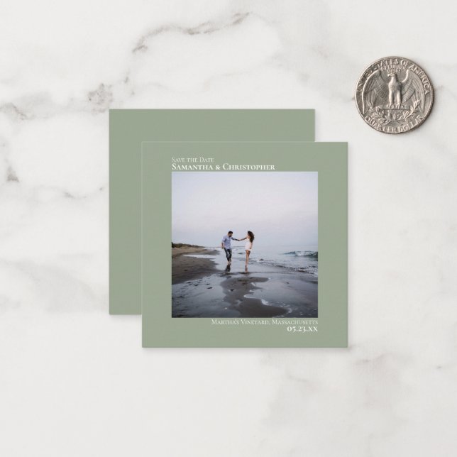 Simple Sage Green Wedding Save the Date Photo Mini Note Card (Front/Back In Situ)