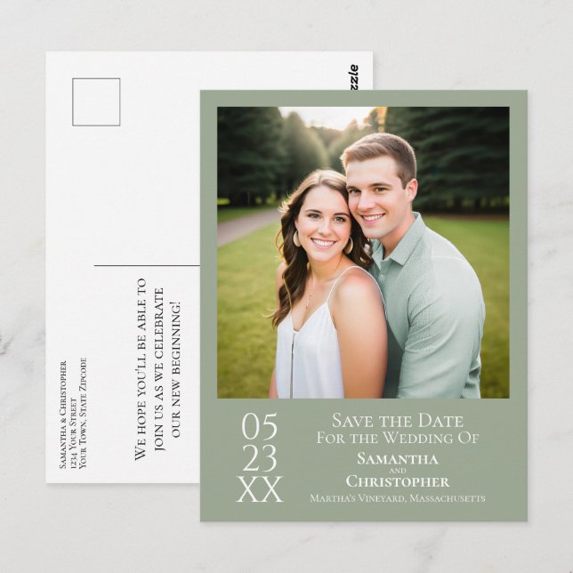Simple Sage Green Wedding Save the Date Photo Postcard (Front/Back)