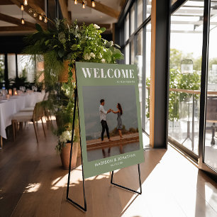 Simple Sage Green Wedding Welcome Sign with Photo