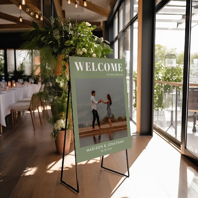 Simple Sage Green Wedding Welcome Sign with Photo (Creator Uploaded)