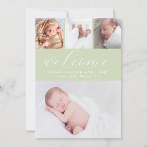 Simple Sage Green Welcome Photo Collage Baby Birth Announcement