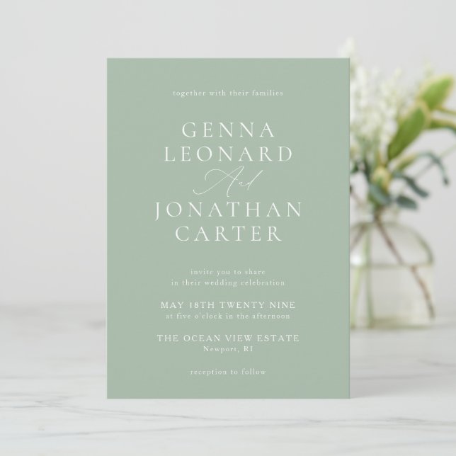 Simple Sage Green & White Elegant Wedding Invitation (Standing Front)