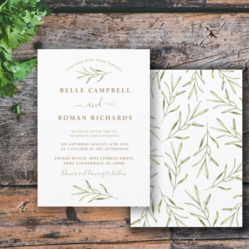 Simple Sage Green  White Foliage Wedding Invitation
