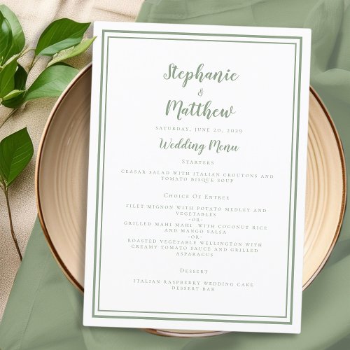 Simple Sage Green White Wedding Elegant Dinner Menu