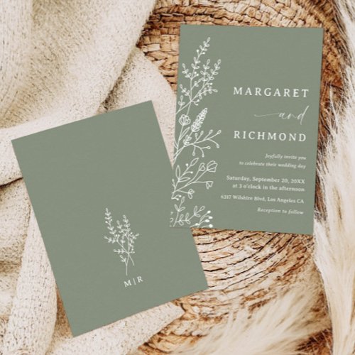 Simple Sage Green Wildflower Boho Chic Wedding Invitation