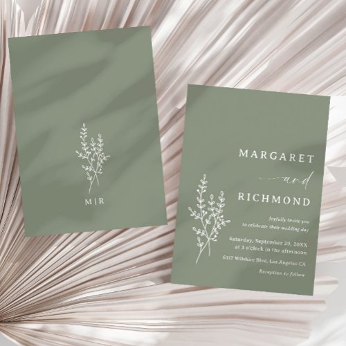Simple Sage Green Wildflower Boho Wedding Invitation