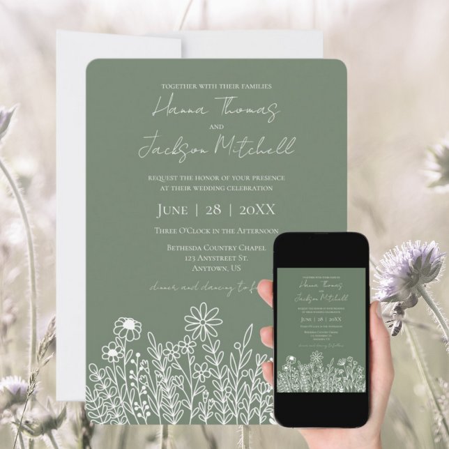 Simple Sage Green Wildflower Minimalist Wedding Invitation (Creator Uploaded)
