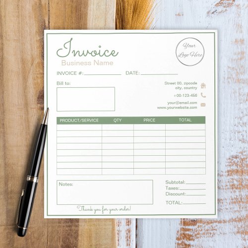 Simple sage green with logo small business invoice notepad