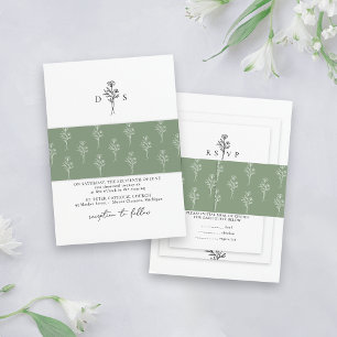 Simple Sage Minimalist Floral Pattern Wedding Invitation Belly Band