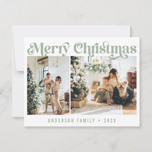 Simple Sage Minimalist Retro Christmas Two Photo Holiday Card