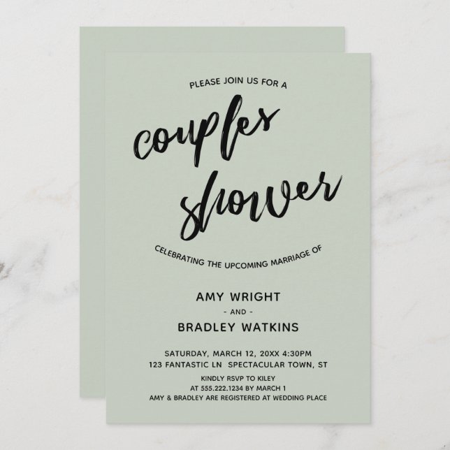 Simple Sage, Modern Handwriting Couples Shower Invitation (Front/Back)