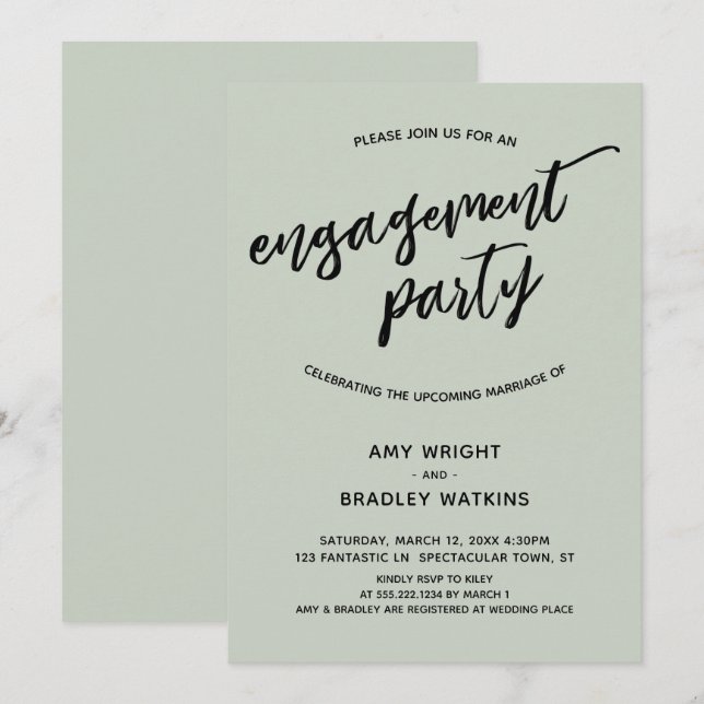 Simple Sage Modern Handwriting Engagement Party Invitation (Front/Back)