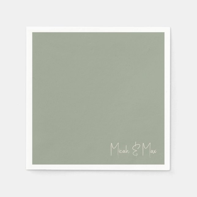 Simple Sage Script Names Wedding Cocktail Napkins (Front)