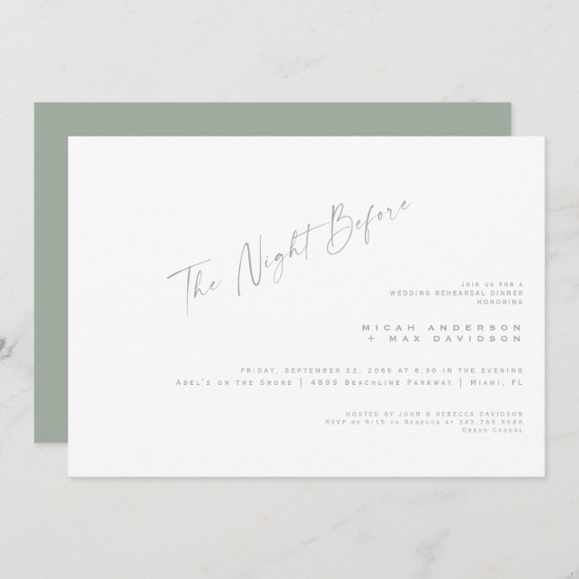 Simple Sage The Night Before Rehearsal Dinner Invitation (Front/Back)